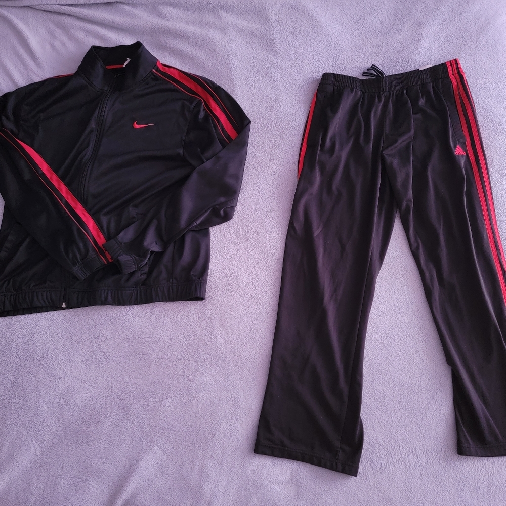 Nike and Adidas Mens Red Striped Track Suit Trainers Medium Polyester